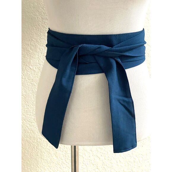 Lot 2 Vintage Ochre Blue Silk Half-Width Kimono Belt Reversible Sash Japan - Picture 1 of 12